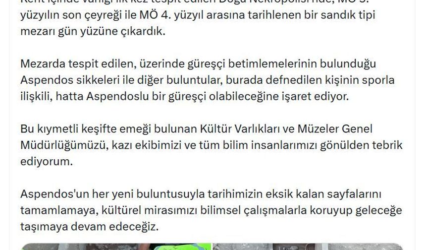 Aspendos'ta 2 bin 400 yıllık güreşçi mezarı keşfedildi