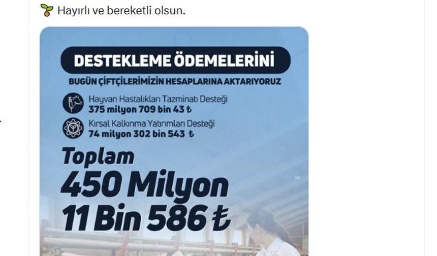 Üreticilere 450 milyon TL tarımsal destek