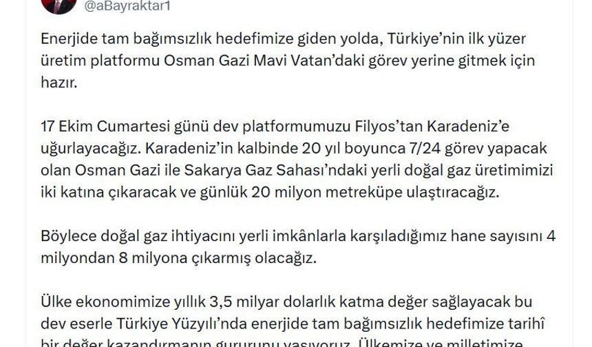 Bakan Bayraktar: 8 milyon hanenin doğal gaz ihtiyacını yerli imkanlarla karşılayacağız