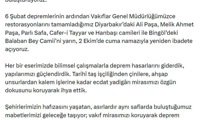 Bakan Ersoy: Diyarbakır ve Bingöl'deki 6 cami 2 Ekim'de yeniden ibadete açılacak